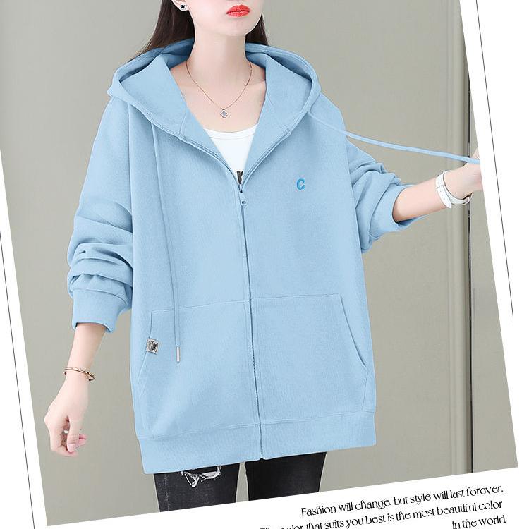 Løs genser med hette med glidelås Dame løs cardigan Plus Size frakk