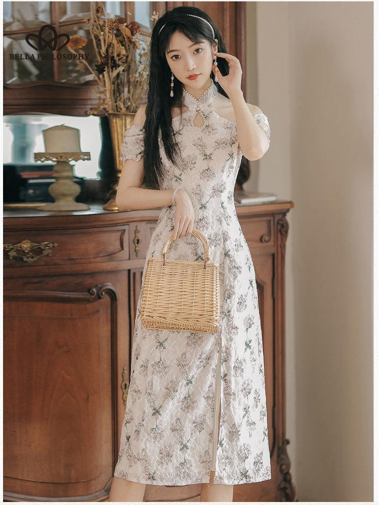 Elegante Vintage Cheongsam Kleid Frauen sommer Floral Stickerei Design Party Split Kleid Weibliche Gericht Retro Lange Fee Kleid