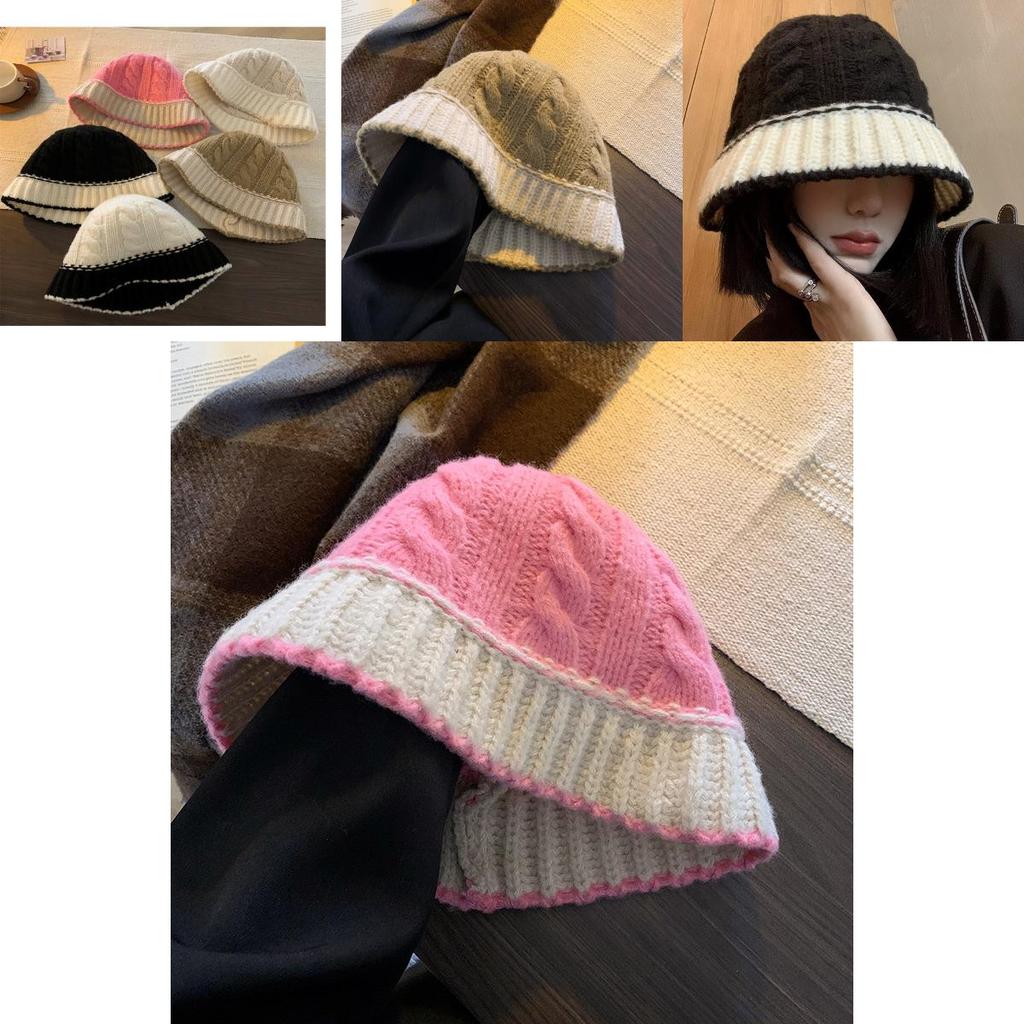Black Knitted Fisherman Hat Women's Winter Korean Style Fashionable Wide Brim Cap