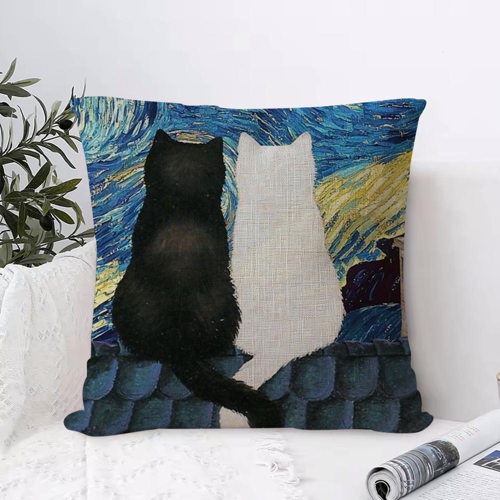 Van Gogh Starry Sky Cat Cushion Cover Eco Linen Pillow Case DoubleSided Print Breathable Durable Zipper Home Decor Gift