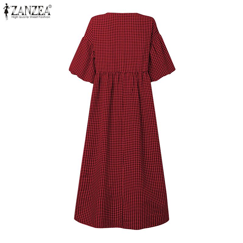 ZANZEA Women Casual V-Neck Summer Short Sleeve Plaid Print Dress