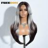 FREEDOM Synthetic Lace Front Wigs For Women 26 inch Straight Layered Wig With Bangs Ombre Brown Blonde Highlight Daily Party Wig