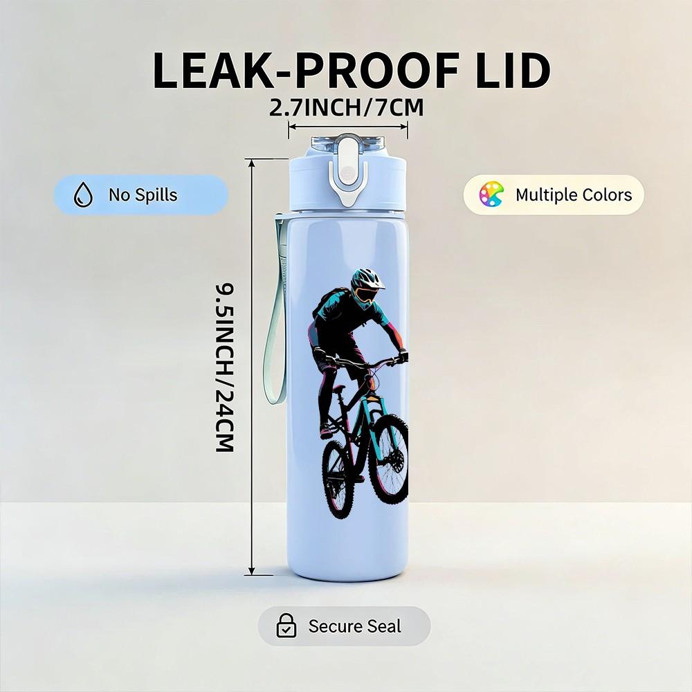1PC Bicycle Rider Sport Character Print 750ml Color Plastic Sports Water Bottle Leakproof Flip Straw Lid Suitable for Sports Office Home Use