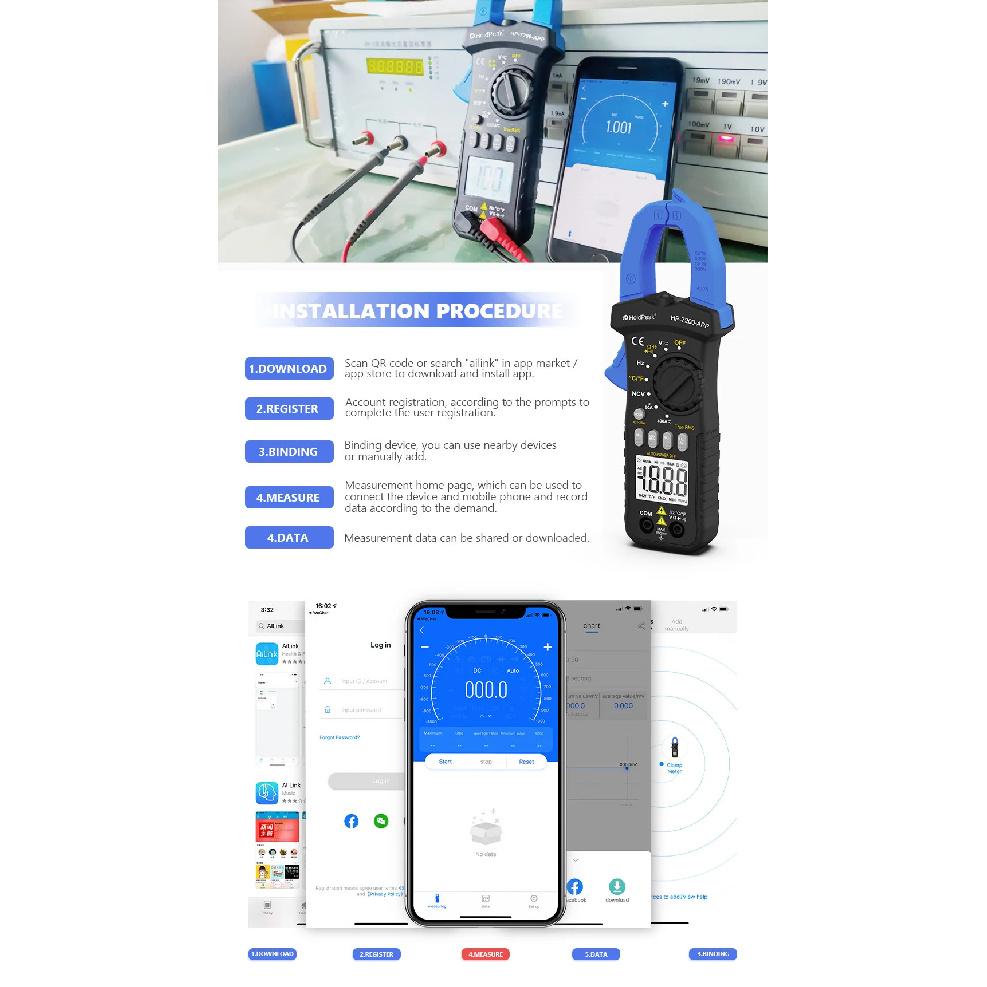 HP-7200-APP Bluetooth Clamp Meter, TRMS 6000 Counts Digital Multimeter, Non-contact AC DC Voltage Current Resistance Tester