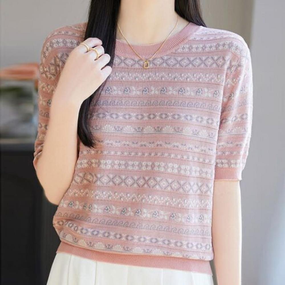 Navava Women Retro Pattern Ice Cool Round Neck Short Sleeve Knit Tee Nk3720