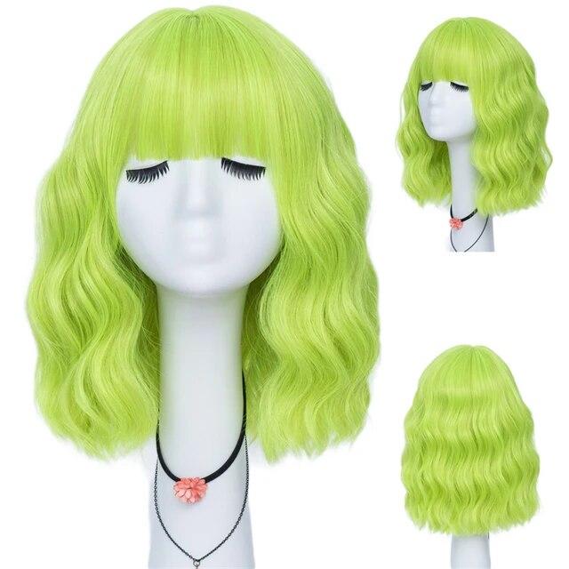 Kurze lockige blaue Bobo-Synthetik-Cosplay-Perücken für Frauen, Orange, Rot, Grün, natürliches hitzebeständiges Haar mit Pony für Mädchen