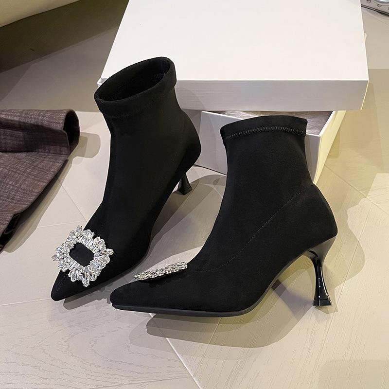 Suede Autumn and Winter New Rhinestone Square Buckle Elastic Thin Short Velvet Tube Boots Korean Version Pointed Head Thin Heel High Heel Short