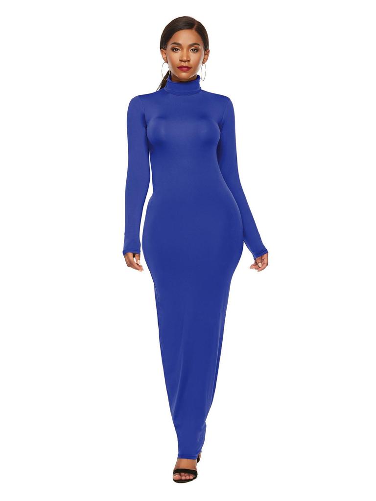 Elastic High-Neck Long-Sleeve Maxi Dress