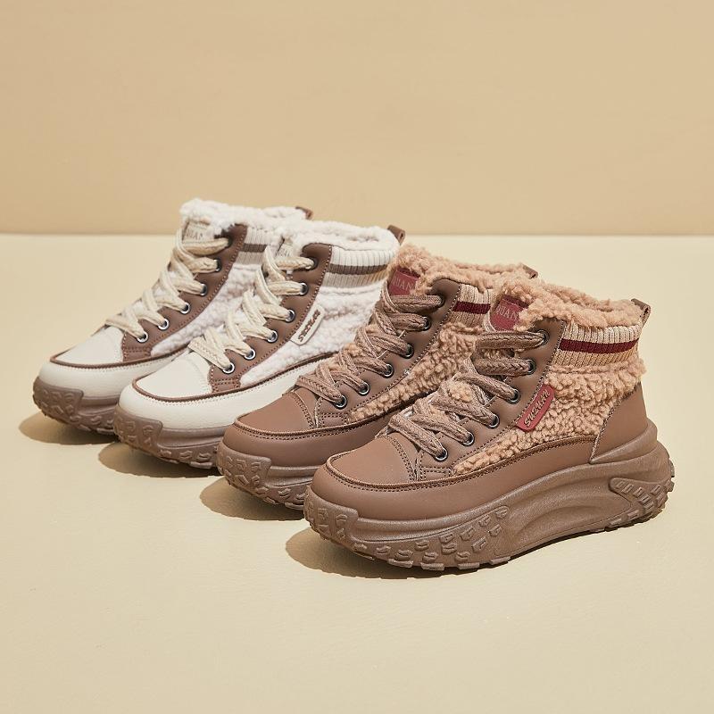 Women Winter Warm Faux Fur Lined Chunky Platform Lace Up Anti Slip PU Leather Ankle Snow Booties