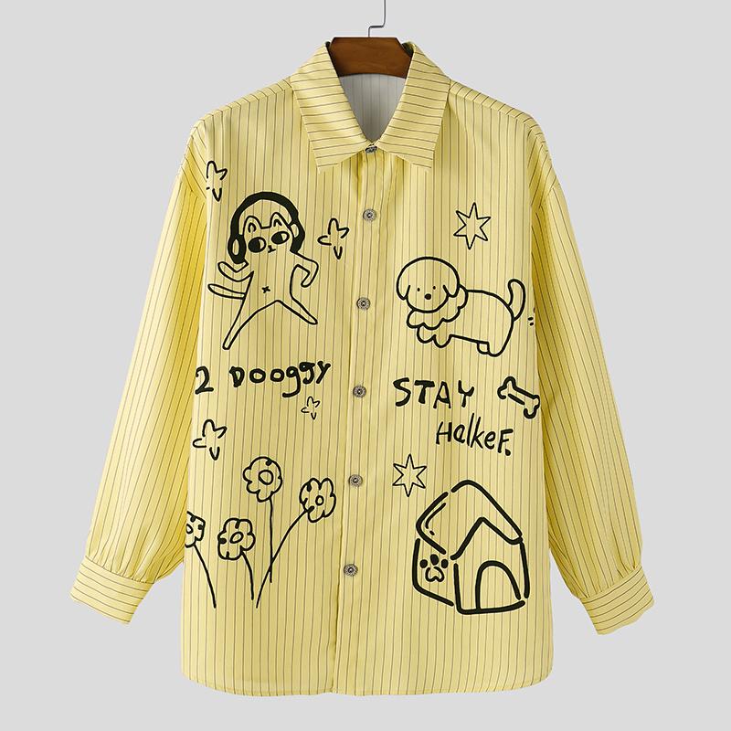 INCERUN S-5XL Men Lapel Neck Long Sleeve Cute Print Casual Loose Oversized Tops Shirts