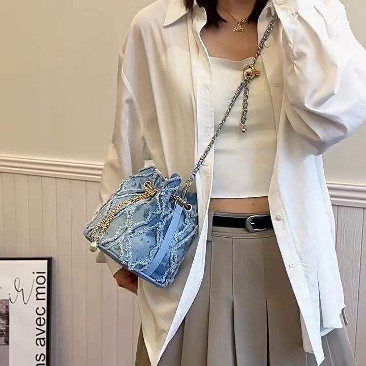 Borsa a Secchiello a Catena Ling Grid, Semplice Borsa a Tracolla, Borsa a Spalla Trendy da Donna con Coulisse e Frange