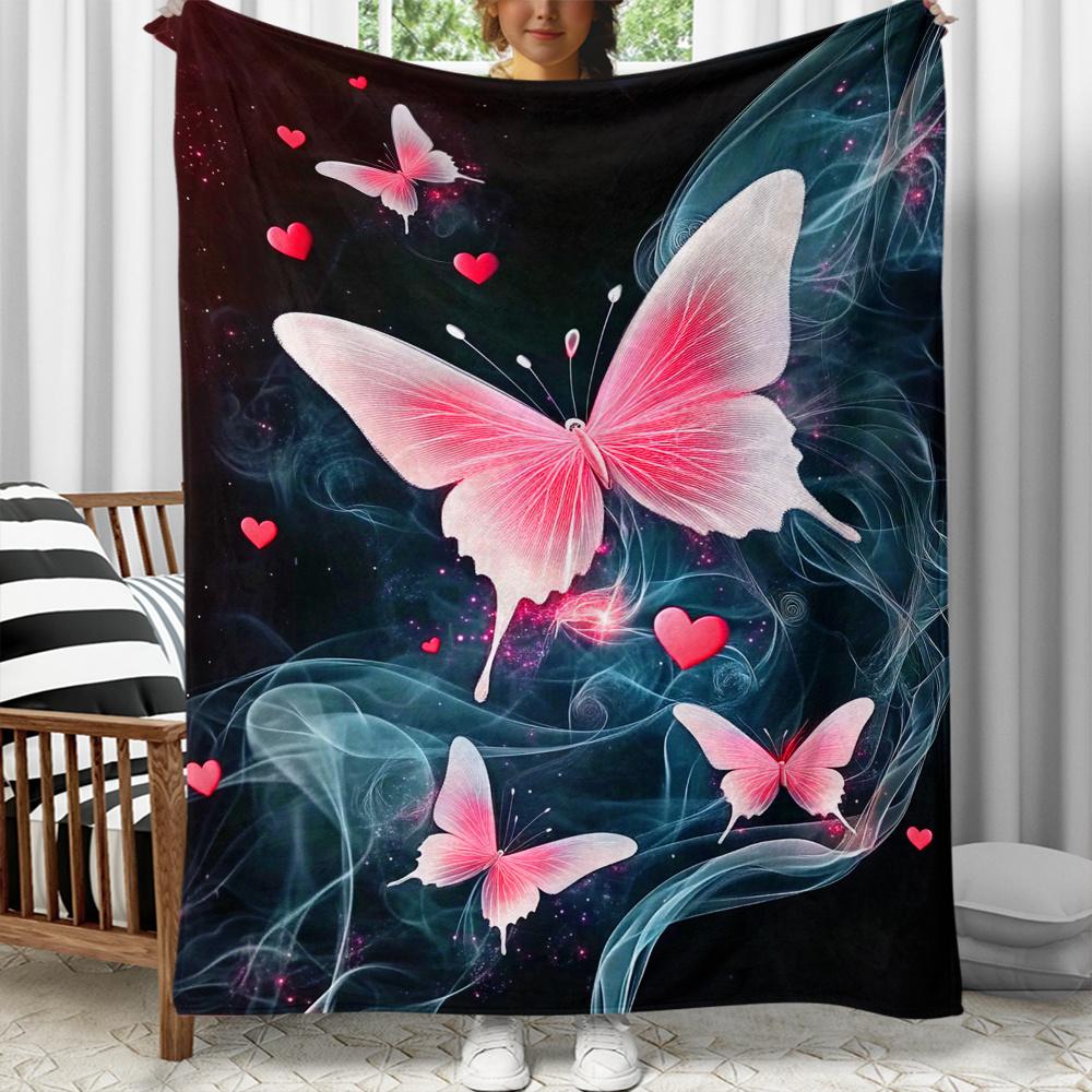 Pink Butterflies Hearts Cosmic Smoke Flannel Blanket Elegant Fantasy Art Soft Fleece Throw For Romantic And Dreamy Decor 75X95CM