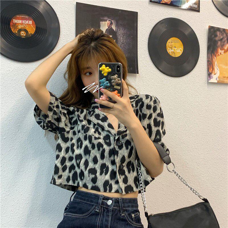 Blusa de leopardo de manga corta de verano para mujer, camisas Vintage con estampado de animales, Tops cortos para mujer, camisas holgadas informales de calle para mujer