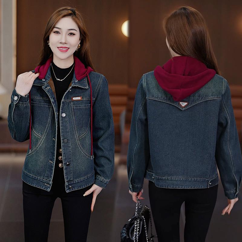 Women's Thick Velvet Hooded Denim Jacket - Autumn/Winter 2025 Chic Casual Top
