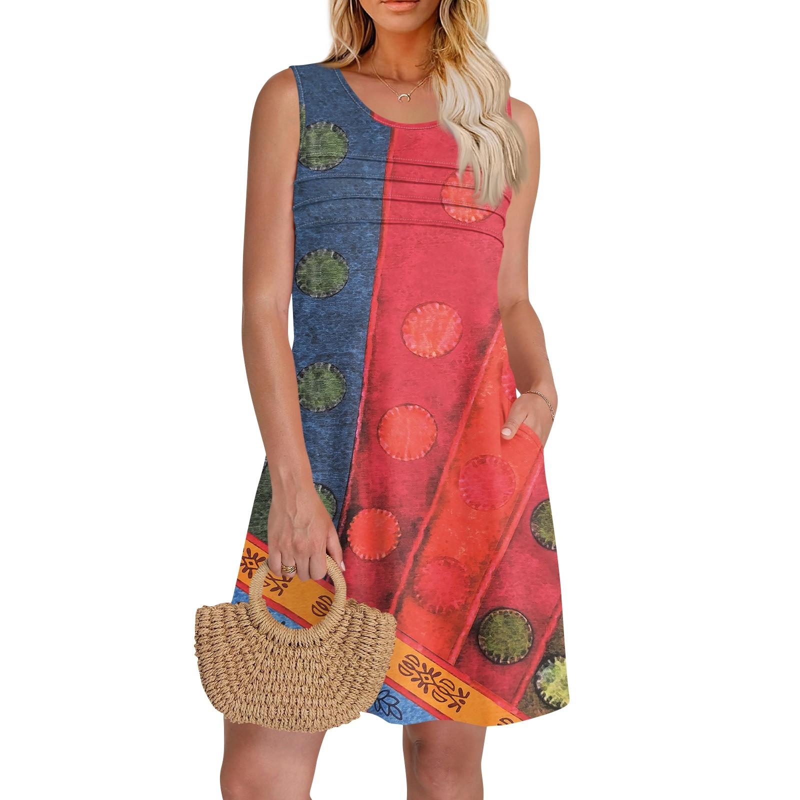 

Женские летние платья с круглым вырезом, плиссировкой спереди, без рукавов, карманами, сарафаном, повседневным платьем L красный