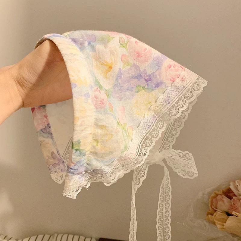 French Blue Plaid Lace Triangle Scarf Headband - Pastoral Style Women's Hair Accessory with Seaside Vibe