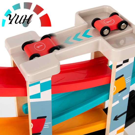 STEM Activity for Kids Wooden Ramp Racer Car Toy, 4 Numbered Mini Cars And Parking Lot Interactive Parent Child Play Design, Development Hand-eye