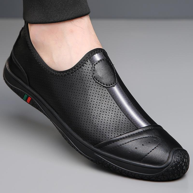 Men's Shoes 2025 Summer New Breathable Thin Hollow Hole Shoes Black Leather One-pedal Lazy Casual Leather Shoes