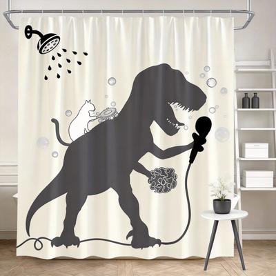 Dinosaur Shower Curtain 1180x180cm – Funny Cat Sidekick, Bathroom Karaoke Scene, 12 Hooks Bath Decorative Shower Curtain