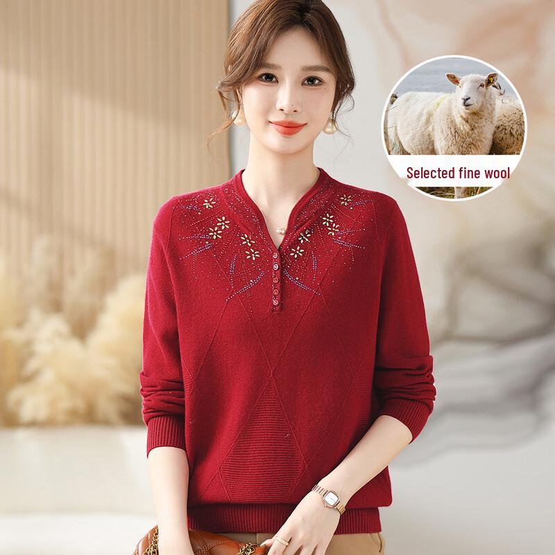 Datang Lady 100% Pure Wool V-Neck Sweater for Middle-Aged Women 2XL