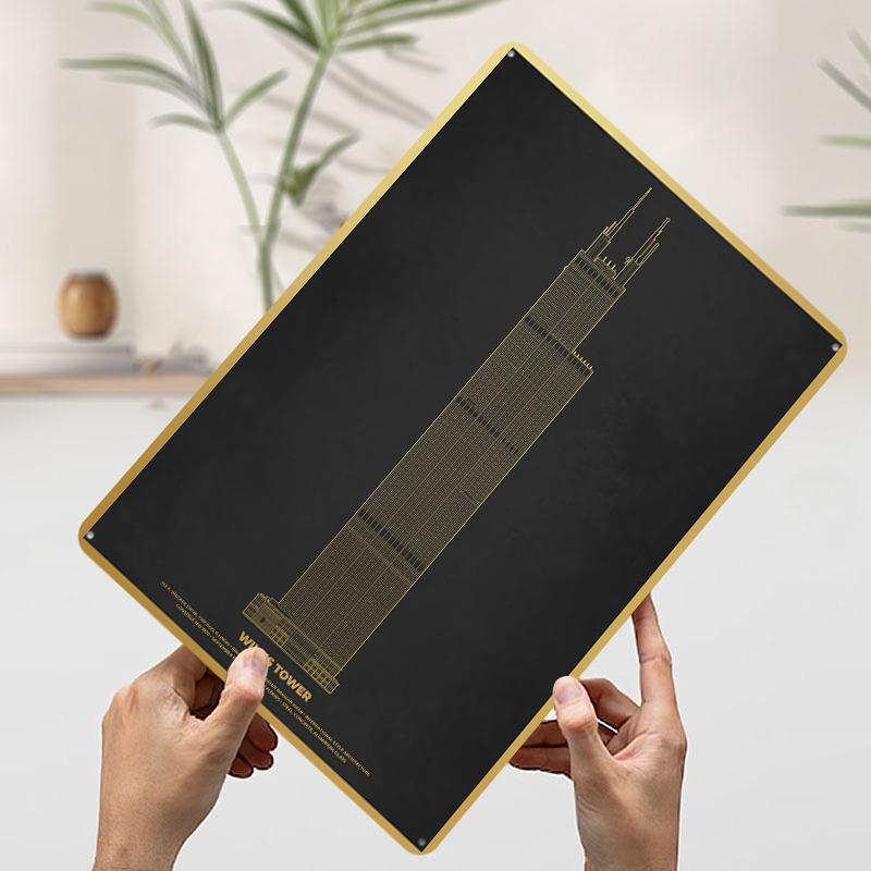 

Willis Tower Gold Metal Poster Customized Wall Art Retro Vintage Tinplate Signs for Office Decor Decoration At Home Coffee Bar 7.9x11.8In(20x30cm)