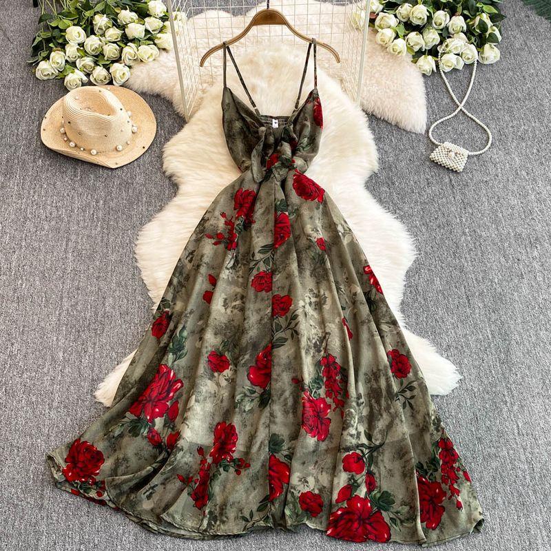 

Elegant Go-Getter Girl Style Dress Female 2025 Summer New Arrival Fashion Floral Anti-Aging Mid-Length Slimming Expansion Skirt Green All yards