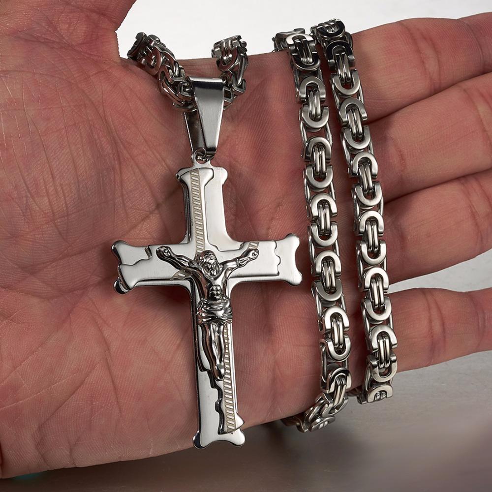 Jesus Cross Silver Color Necklaces Men Women Pendant Stainless Steel with 6MM Byzantine Chain Christian Crucifix Jewelry