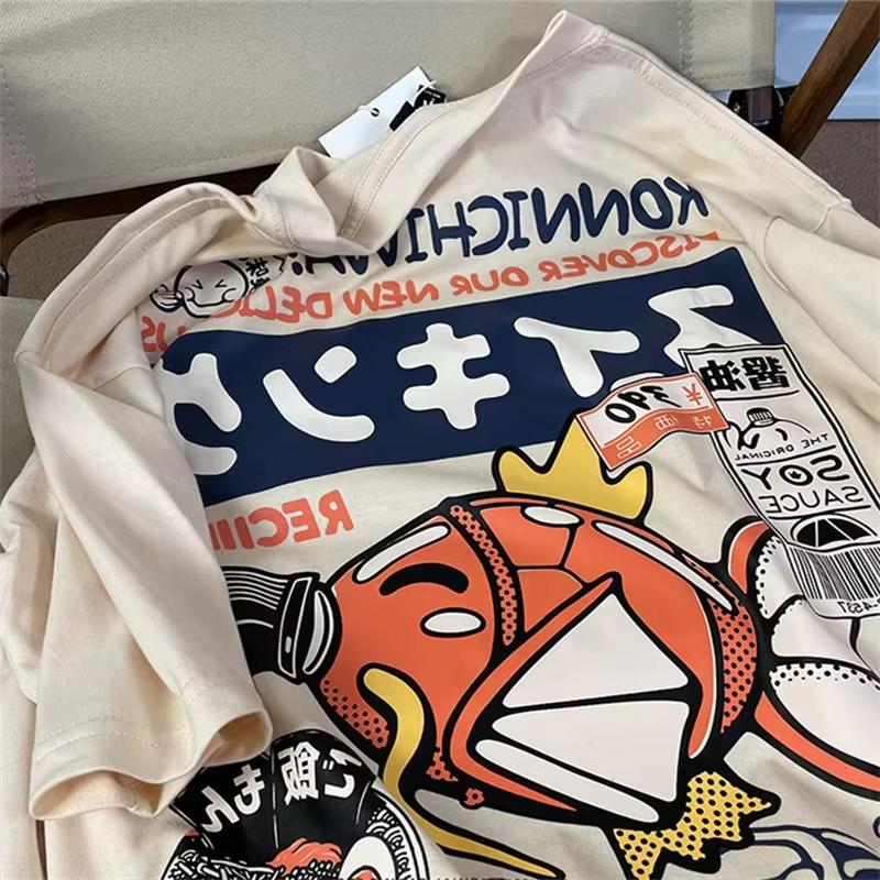 Japanese Retro Fun Cartoon Print Short-sleeved T-shirt Men's and Women's Summer Street Style Loose Casual Half-sleeved Top Tide