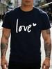 Unisex Black Crew Neck Tee Love Heart Letter Print Short Sleeve Loose Casual Summer Street Basic Top For Male Everyday Wear Outfit