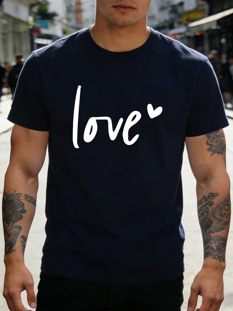 Unisex Black Crew Neck Tee Love Heart Letter Print Short Sleeve Loose Casual Summer Street Basic Top For Male Everyday Wear Outfit