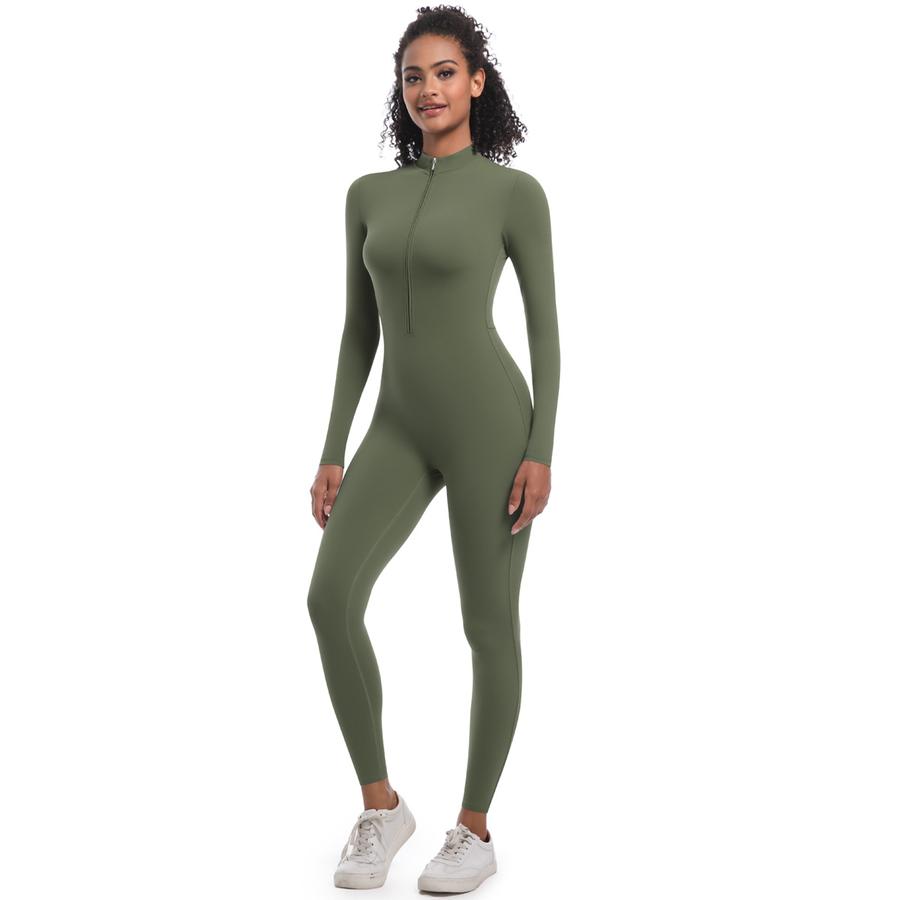 New Style Halter Zip Slim Fit Solid Color High Elastic Long Sleeve Yoga Suit Athletic Running Workout Bodysuit