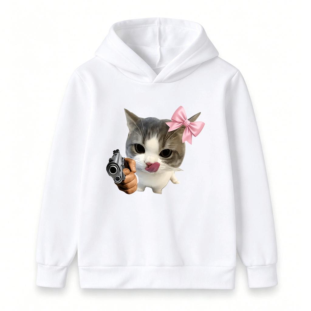 Kids Boys Girls Pullover Hoodie, Cute Gray White Cat with Pink Bow Funny Gun Hand Meme Print Casual Soft Long Sleeve Hooded Sweatshirt for Children Da