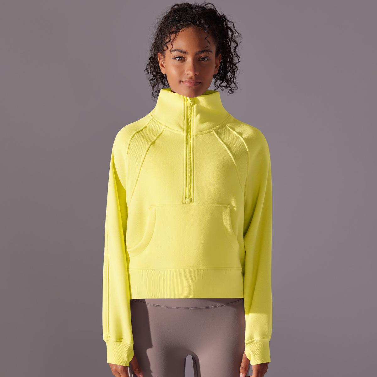 

New Stand Up Collar Sports Yoga Hoodie With Thick Velvet For Autumn And Winter, Half Zipper Loose Long Sleeved Top, Fitness Jacket For Women L