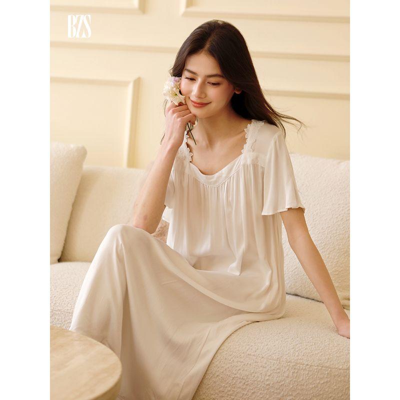 

25-Year New Satin Nightdress White Pure Desire Style Women Short sleeve Trousers Pajamas Casual Can Be Worn outside Homewear Set Nightdress L [recommend 60.00 kg-67.50 kg]]