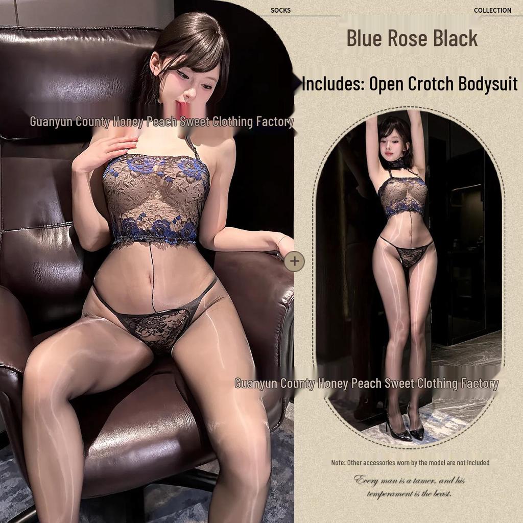 Aurora Sheer Open-Crotch Lace Halter Bodystocking - Silky Black