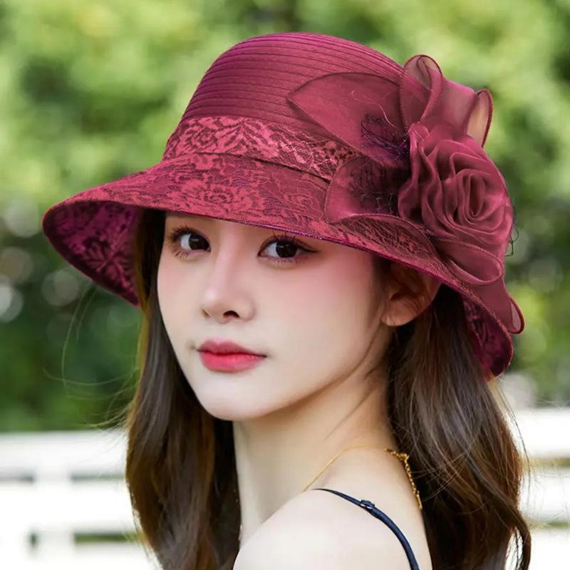 New Eugen yarn mesh yarn hat women's summer lace flower sunshade basin hat for the elderly outdoor sunscreen mother hat