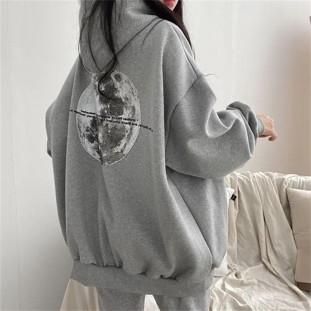 Women's Hooded Long Sleeve Sweatshirt Loose Fit Casual Moon Print Pullover Hoodie Top