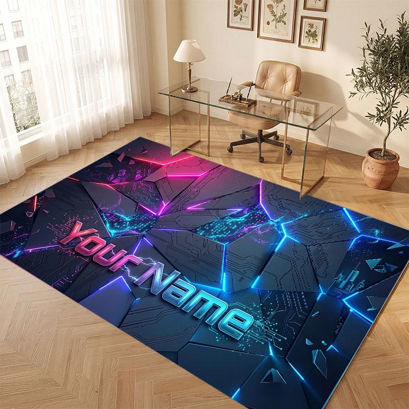 City Cyberpunk Theme Crystal Velvet Floor Rug Personalized Custom Name Text Warm Carpet Home Decoration