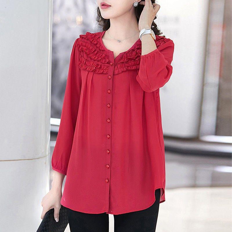 Korean Solid Color Stylish Folds Shirt Spring Autumn Nine Quarter Sleeve Female Clothing O-Neck Commute Single-breasted Blouse