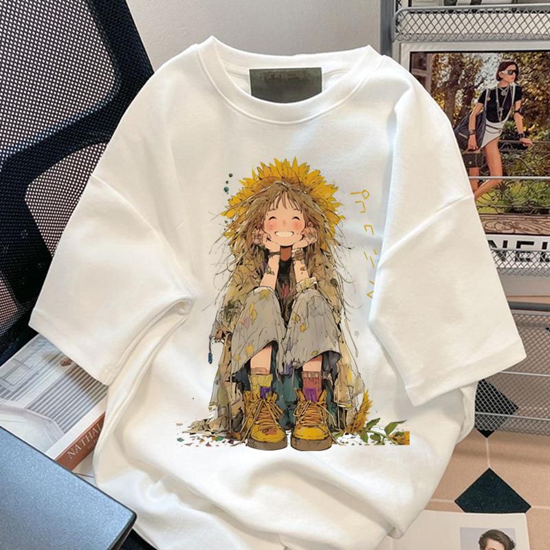 Girl's Tees Cartoon Illustration Character Print Short Sleeve T-shirt Women Casual Sport Tshirt
