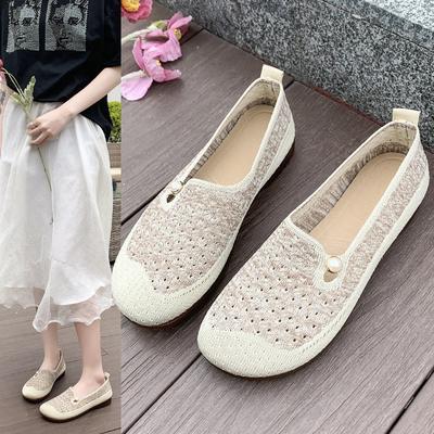 Summer New Cloth Shoes Women's Breathable Hollow Mesh Shoes Soft Sole Middle-aged and Elderly Mother Shoes Shallow Casual Shoes Crochet