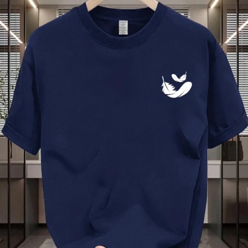 Summer pure cotton men's casual loose fashion two-piece feather print breathable sports short sleeved round neck T-shirt