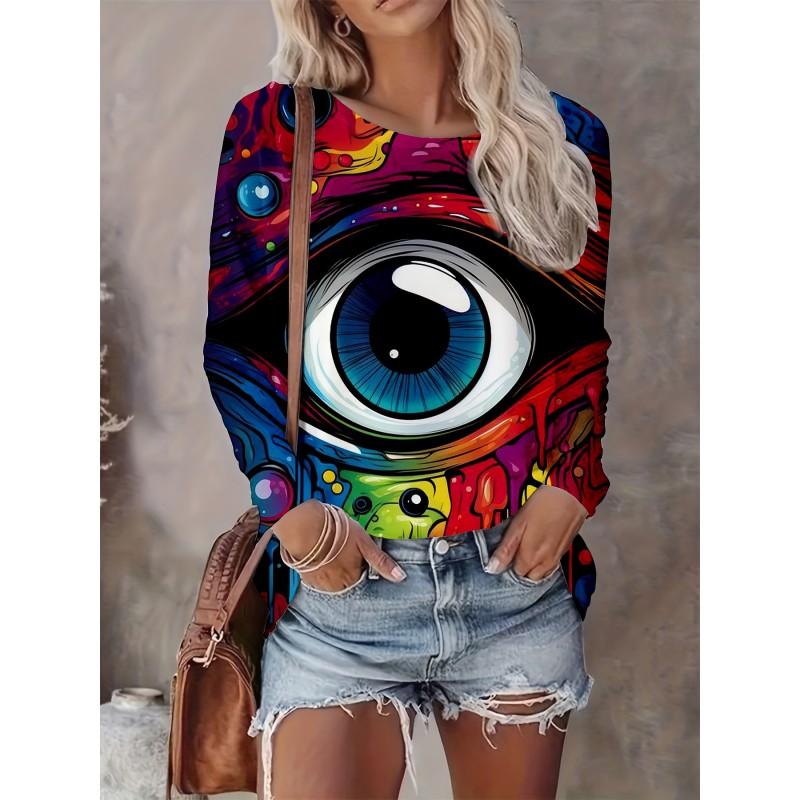 Womens Casual Abstract Print Long Sleeve Crew Neck T-Shirt 3D Effect 2025 Comfort Fit