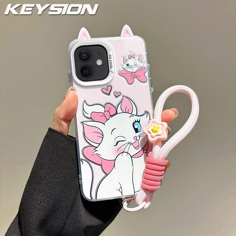 KEYSION Cute Ear Cartoon Case for iPhone 11 with Lanyard Soft Silicone+PC Shockproof Phone Back Cover for iPhone 11