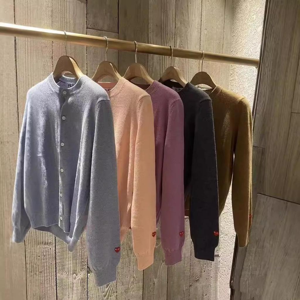 CDG Kawakyu Wool PLAY Cardigan with Red Heart Accent - Japanese Casual Fine Wool Long Sleeve Sweater