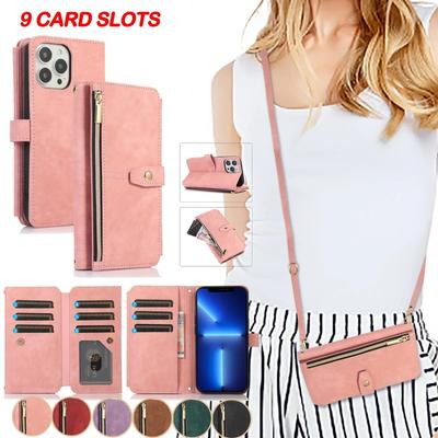 Saszetka Crossbody z Zamkiem Błyskawicznym Etui na Telefon dla iPhone 16 15 14 13 12 11 Pro Max Mini X XS X 8 7 Plus Uchwyt na Karty Smycz Skórzane Etui
