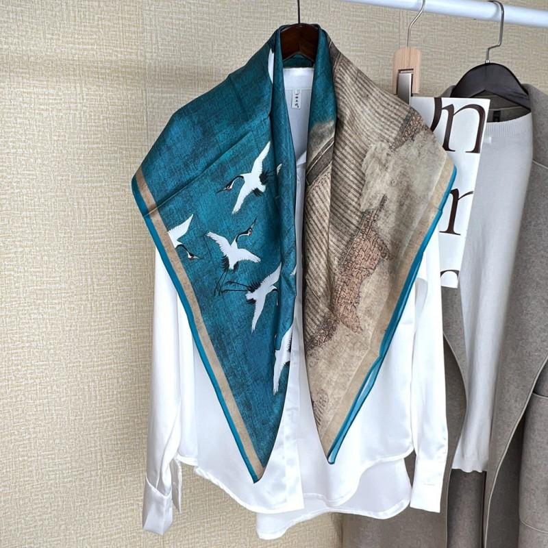 100% Mulberry Silk Scarf 90x90cm Blue Crane Print Square Shawl Women Fashion Commute