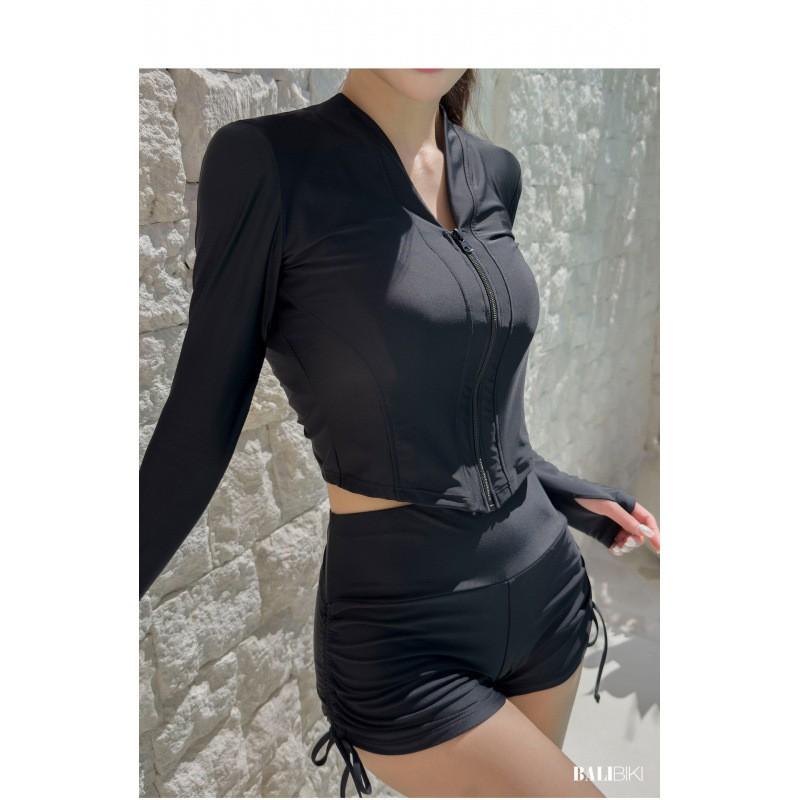 

High End Slimming Sun Protection Long Sleeved Split Three Piece Set Covering Belly Casual Sports Hot Swimsuit Women M чёрный