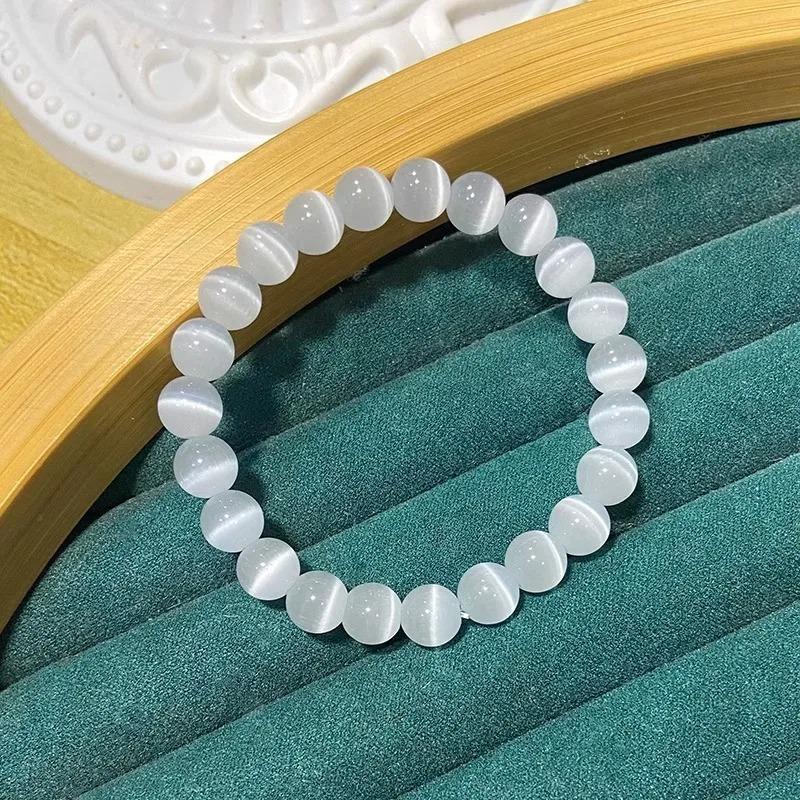Natural White Cat Eyes Stone Bracelet Women 6/8/10mm Smooth Beaded Braslet Gifts For Lovers Moonstone Braclet
