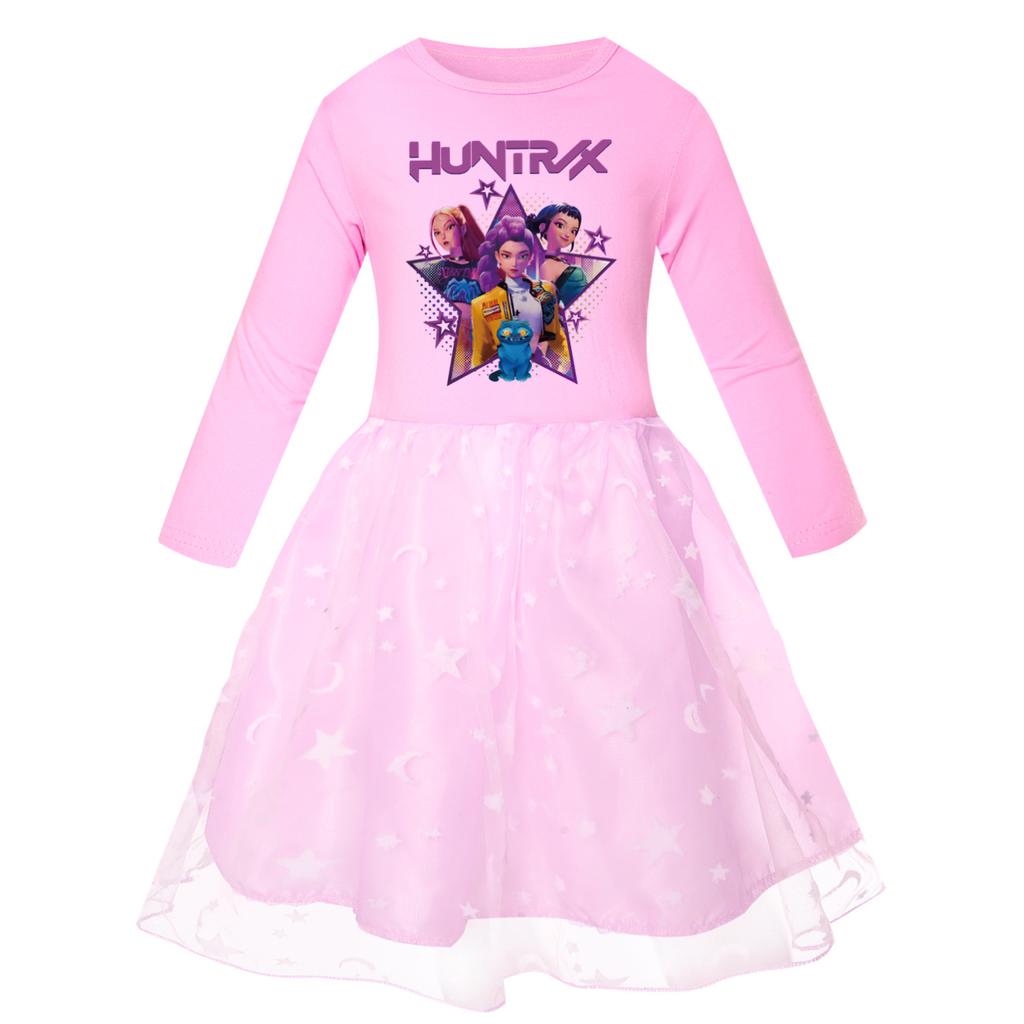 Rochie Kpop vânătoare de vrăjitoare grup de fete cu mânecă scurtă, gât rotund, dantelă stea curcubeu